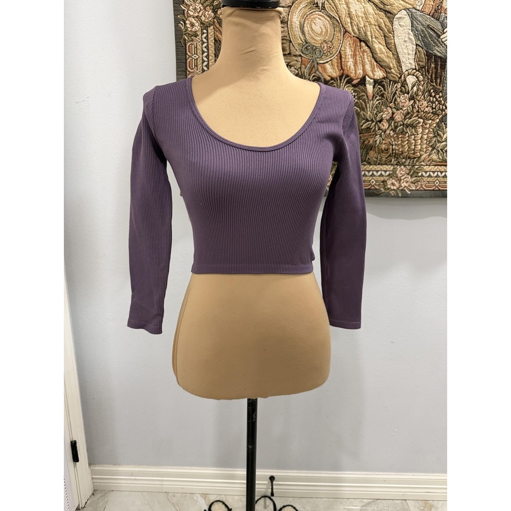 Zara Crop Shirt Womens M-L Purple Green Ribbed Long Sleeve Scoop Neck 2 Pack